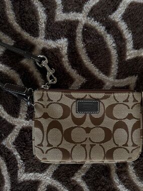 Coach Brown Signature Canvas Wristlet with Leather Strap